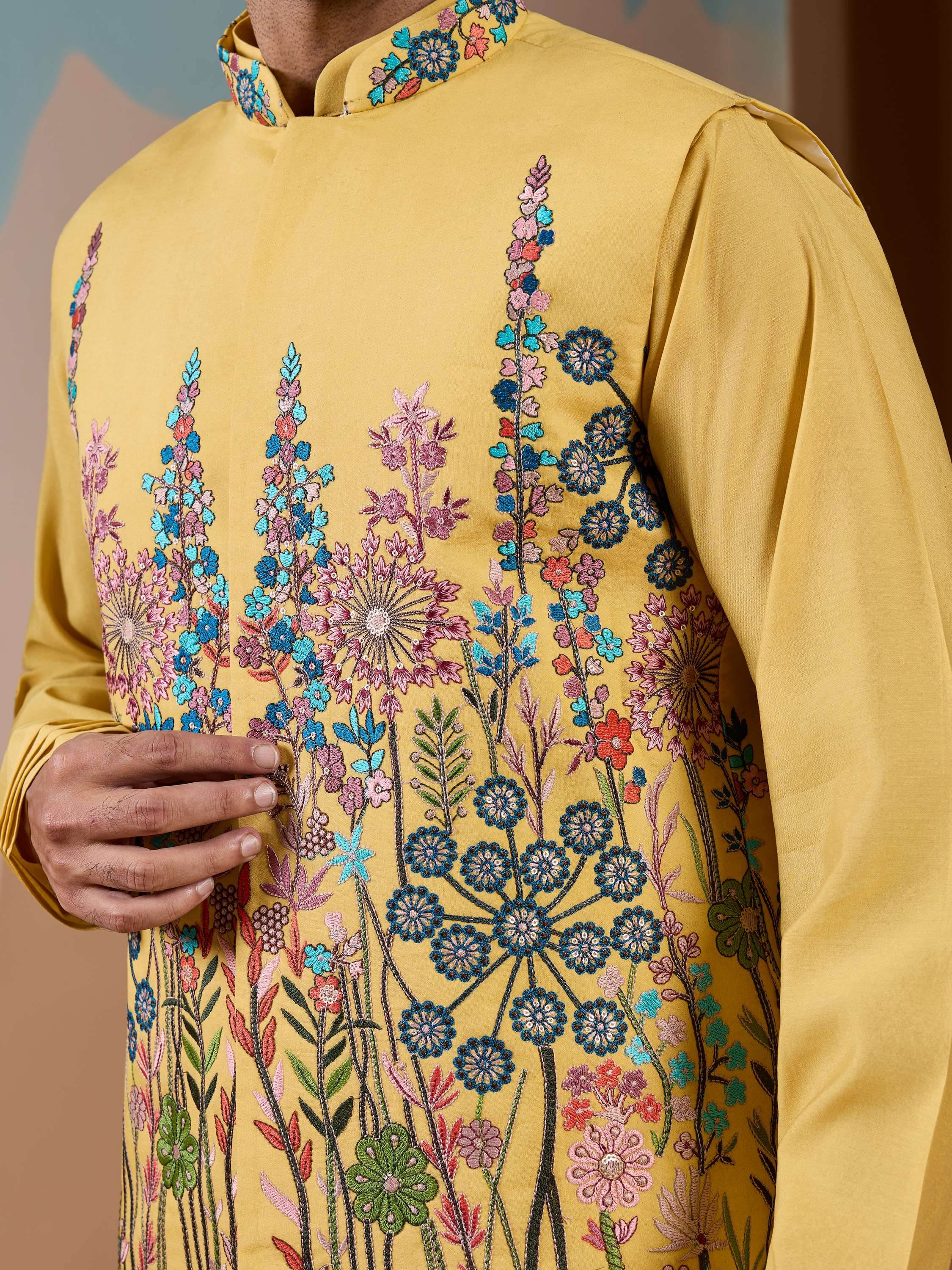 Fantastic Yellow Silk Men's Kurta And Pant With Thread Work Jacket