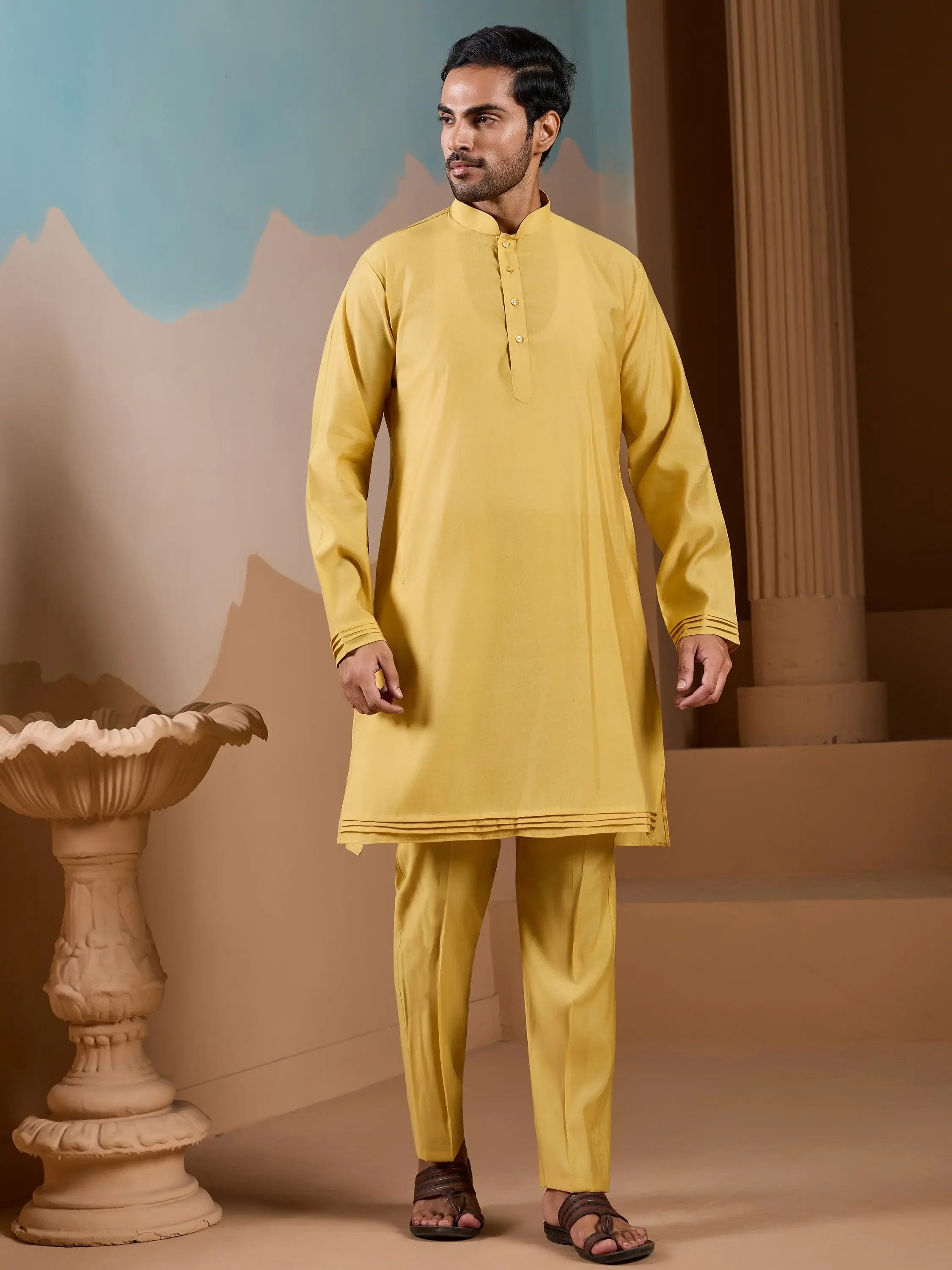 Fantastic Yellow Silk Men's Kurta And Pant With Thread Work Jacket