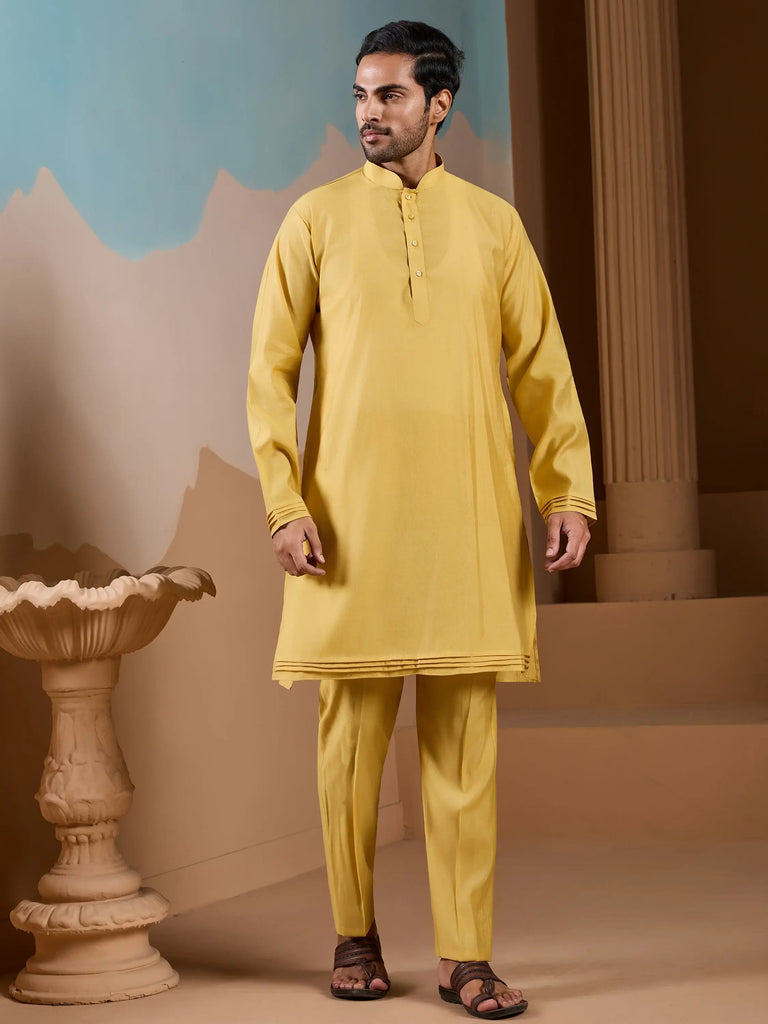 Fantastic Yellow Silk Men's Kurta And Pant With Thread Work Jacket
