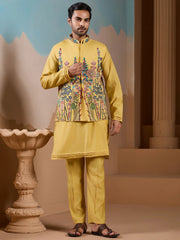 Fantastic Yellow Silk Men's Kurta And Pant With Thread Work Jacket