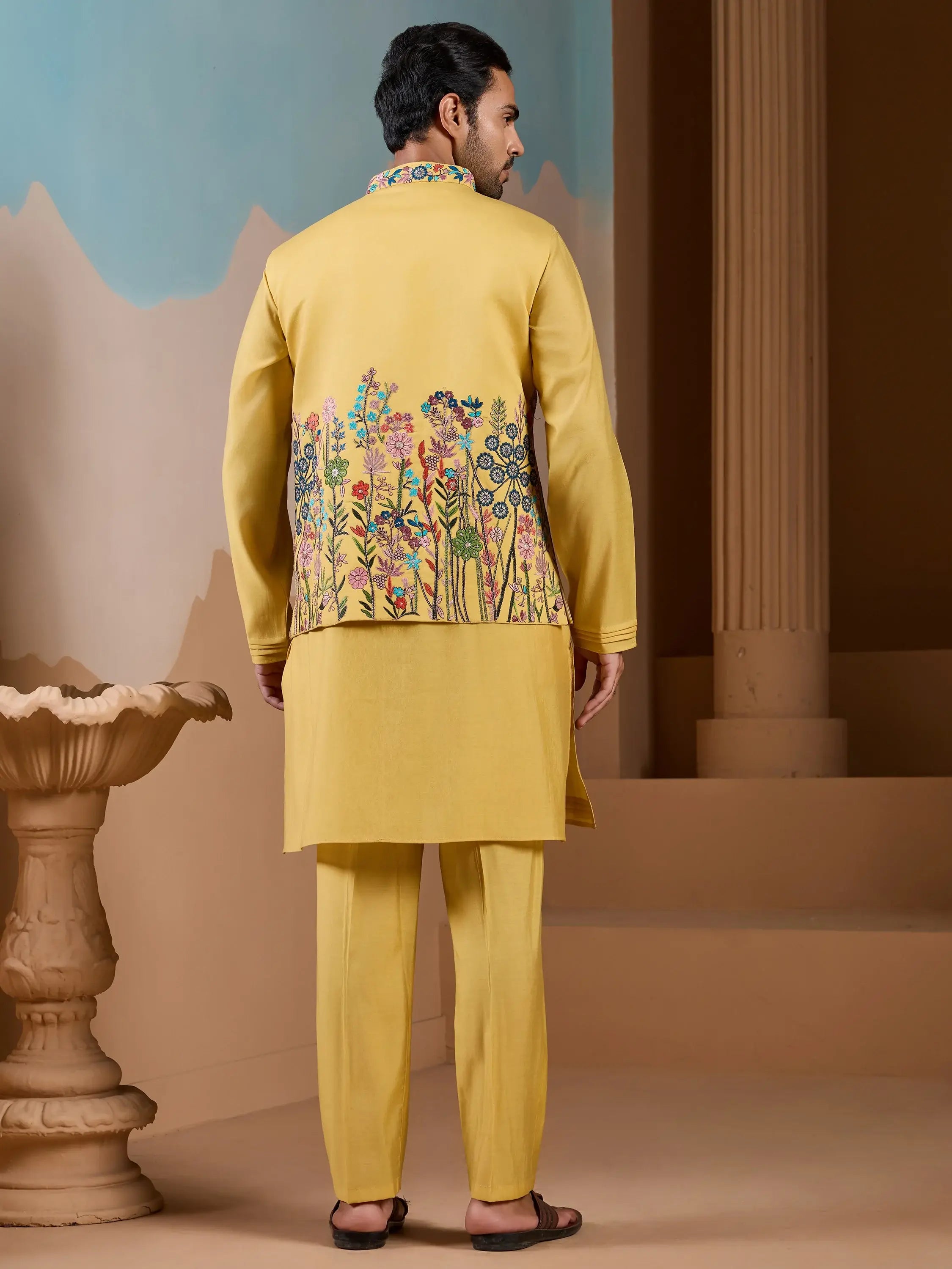 Fantastic Yellow Silk Men's Kurta And Pant With Thread Work Jacket