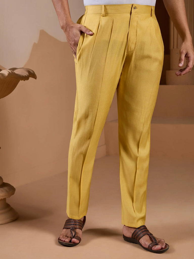 Fantastic Yellow Silk Men's Kurta And Pant With Thread Work Jacket