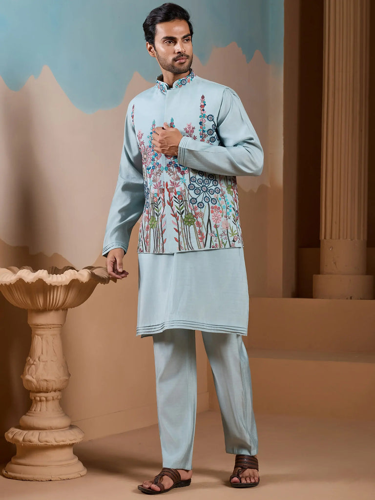 Awesome Pista Silk Men's Kurta And Pant With Thread Work Jacket
