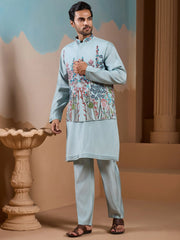 Awesome Pista Silk Men's Kurta And Pant With Thread Work Jacket