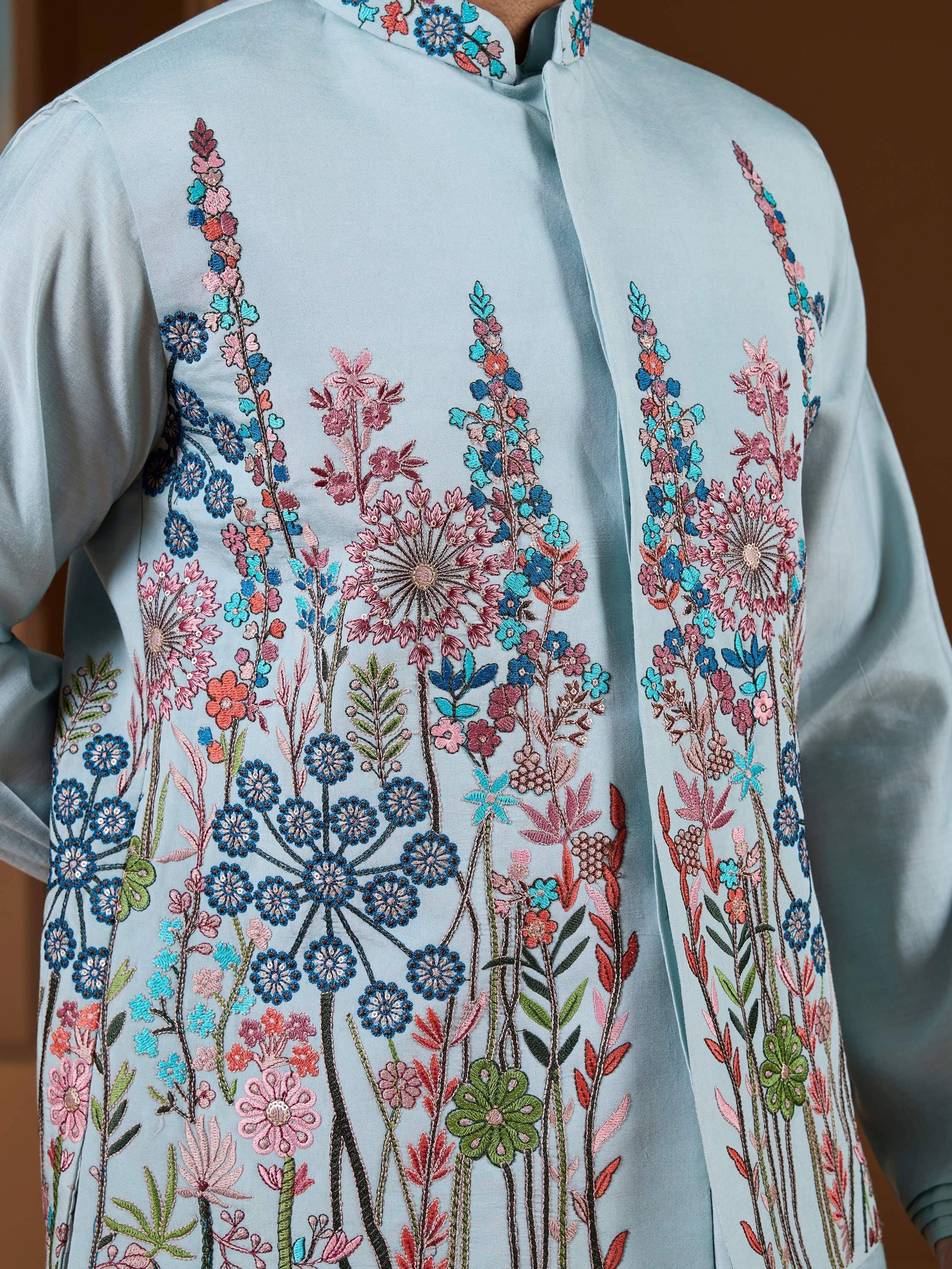 Awesome Pista Silk Men's Kurta And Pant With Thread Work Jacket