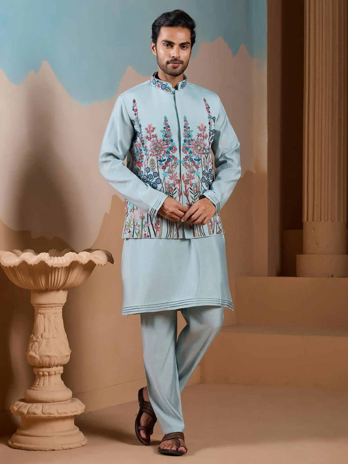 Awesome Pista Silk Men's Kurta And Pant With Thread Work Jacket