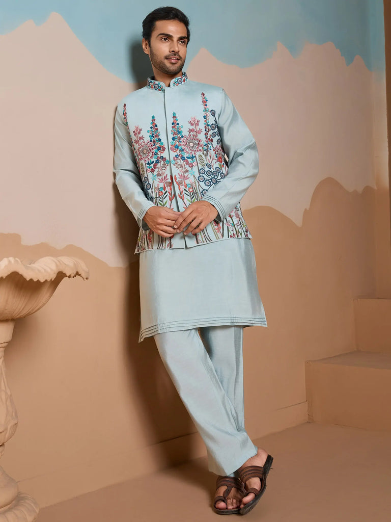 Awesome Pista Silk Men's Kurta And Pant With Thread Work Jacket