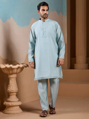 Awesome Pista Silk Men's Kurta And Pant With Thread Work Jacket