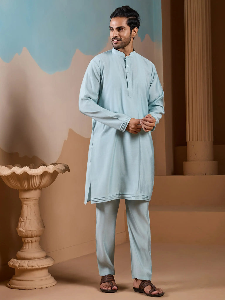 Awesome Pista Silk Men's Kurta And Pant With Thread Work Jacket