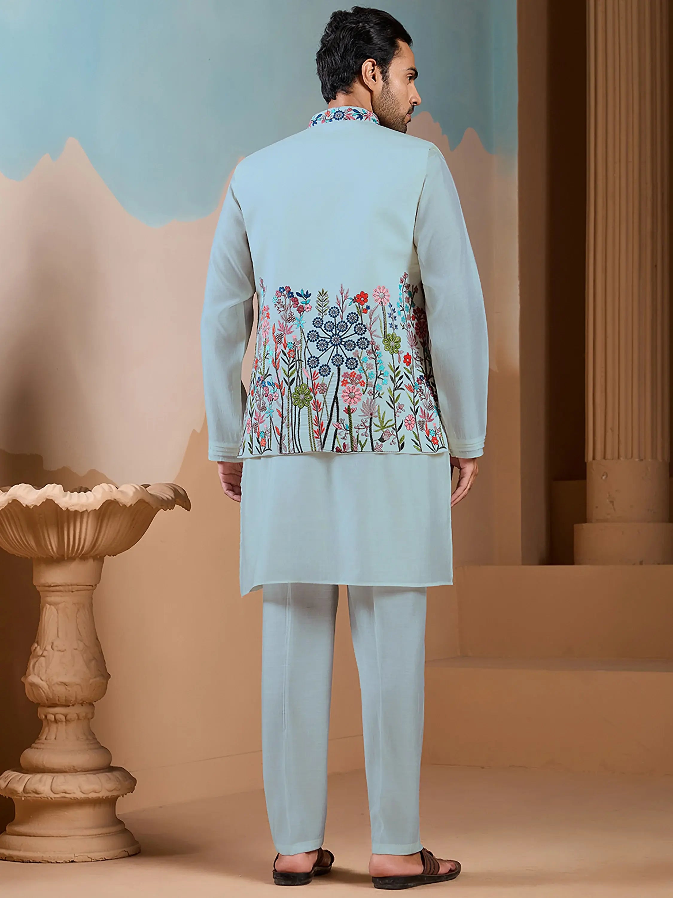 Awesome Pista Silk Men's Kurta And Pant With Thread Work Jacket