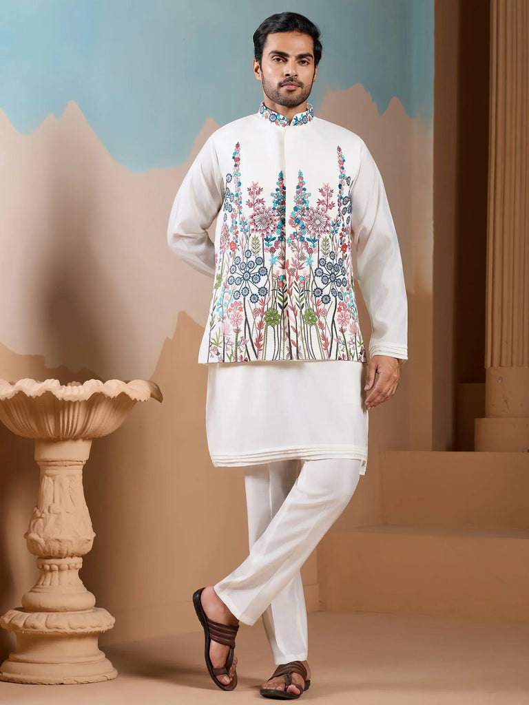 Elegant White Silk Men's Kurta And Pant With Thread Work Jacket