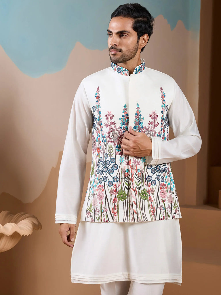 Elegant White Silk Men's Kurta And Pant With Thread Work Jacket