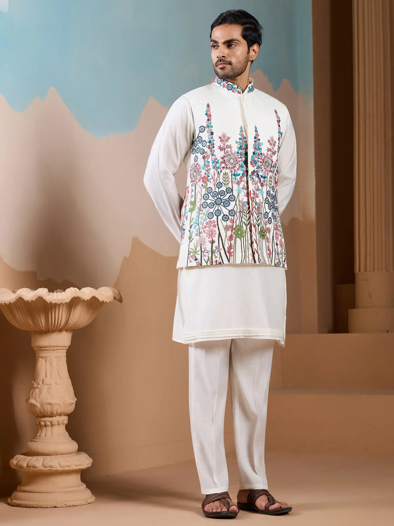 Elegant White Silk Men's Kurta And Pant With Thread Work Jacket