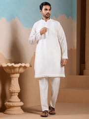 Elegant White Silk Men's Kurta And Pant With Thread Work Jacket