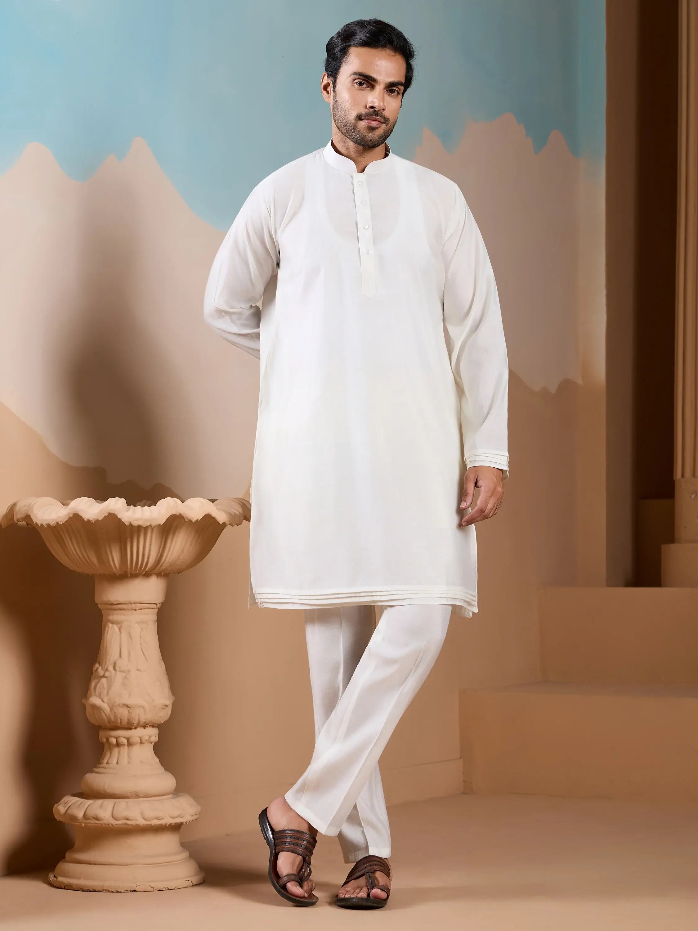 Elegant White Silk Men's Kurta And Pant With Thread Work Jacket