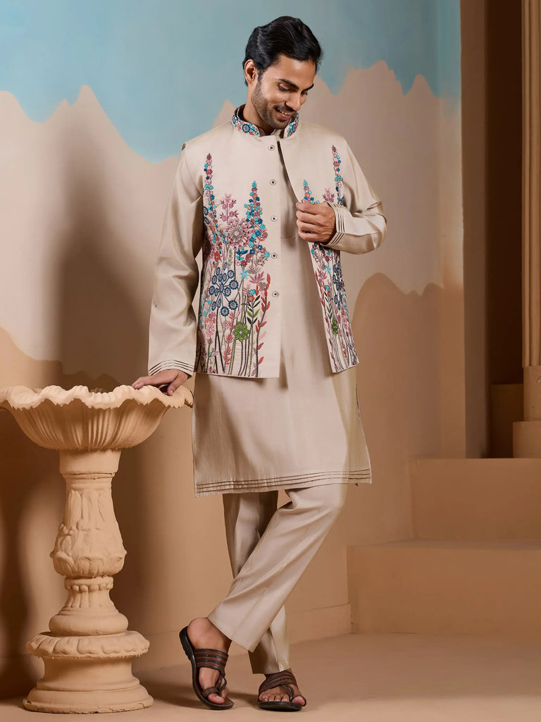 Amazing Beige Silk Men's Kurta And Pant With Thread Work Jacket