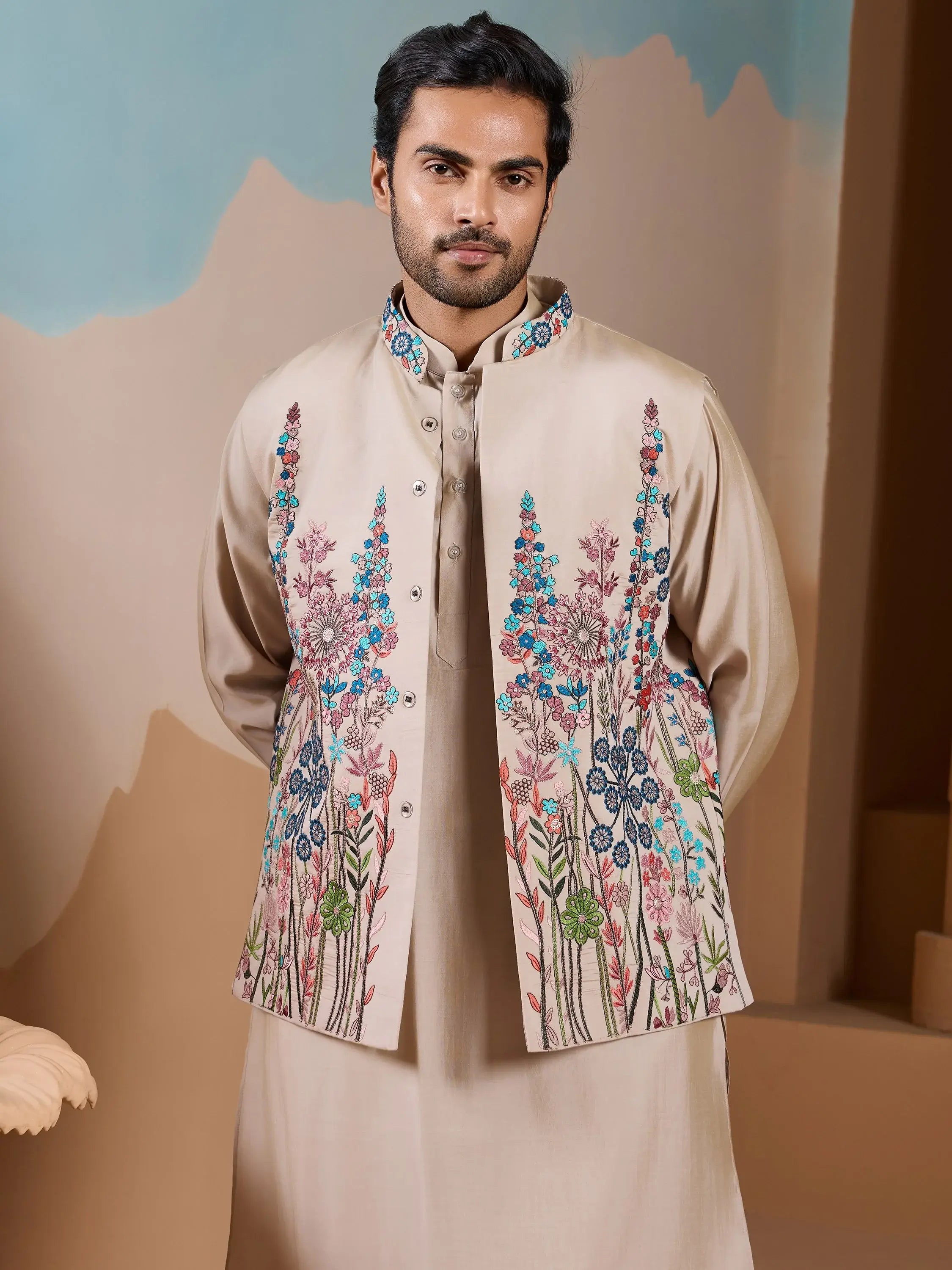 Amazing Beige Silk Men's Kurta And Pant With Thread Work Jacket