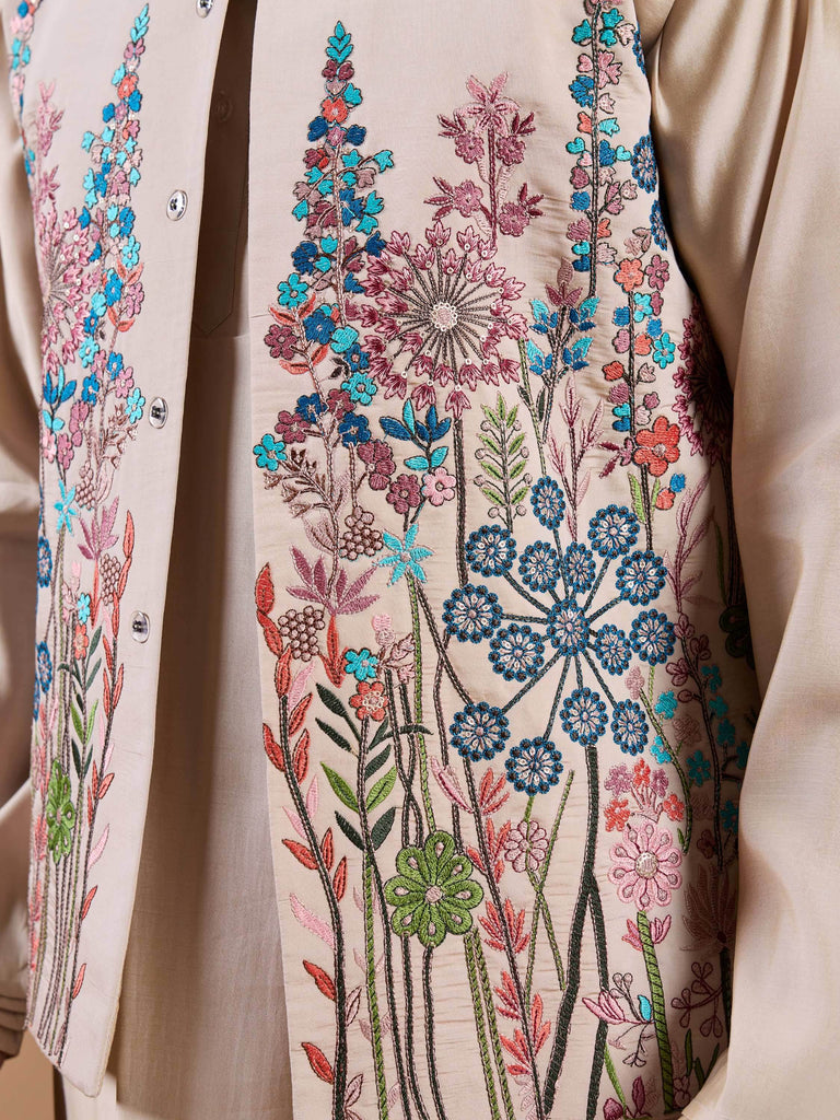 Amazing Beige Silk Men's Kurta And Pant With Thread Work Jacket