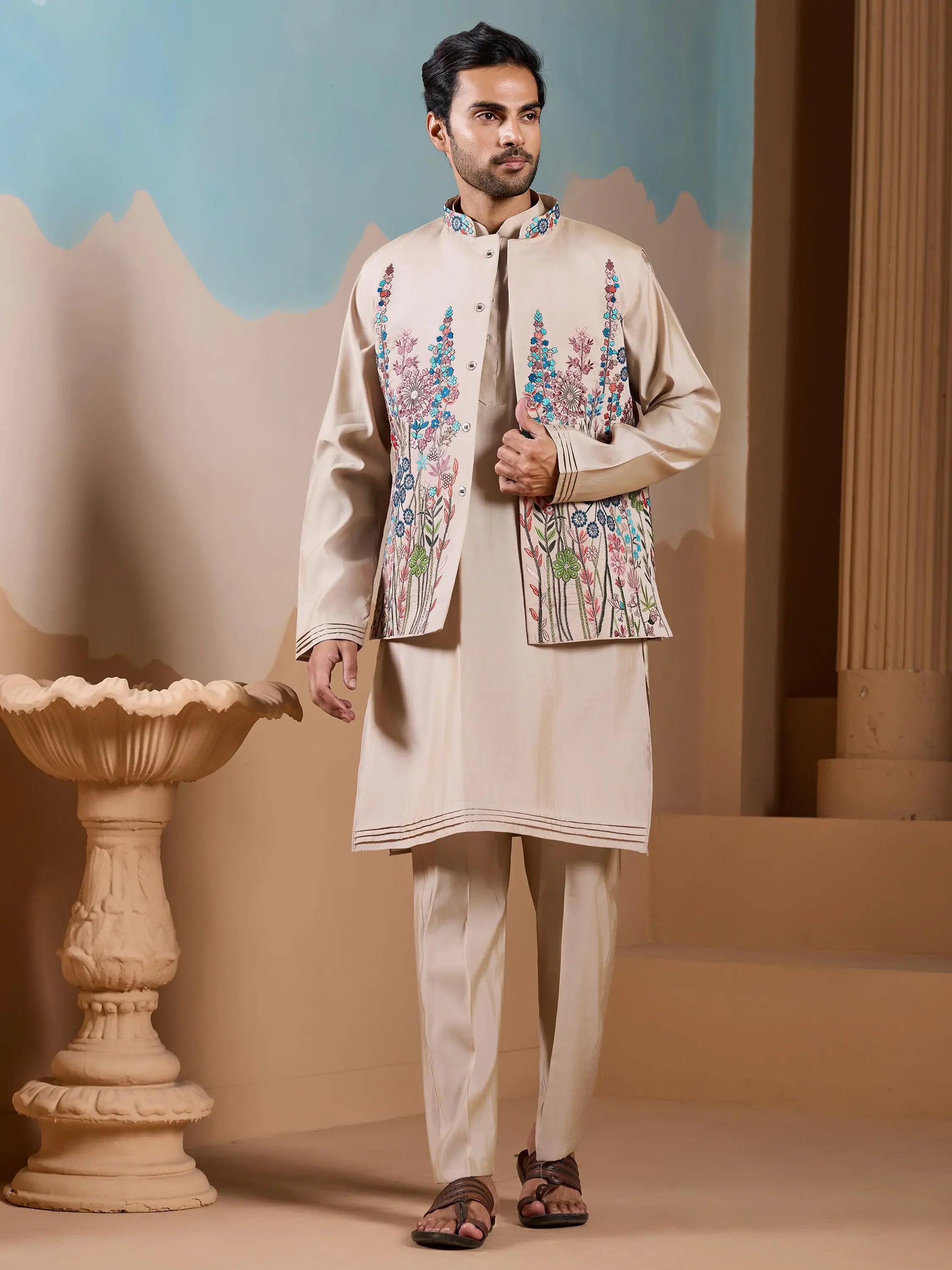Amazing Beige Silk Men's Kurta And Pant With Thread Work Jacket