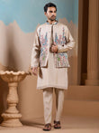 Amazing Beige Silk Men's Kurta And Pant With Thread Work Jacket