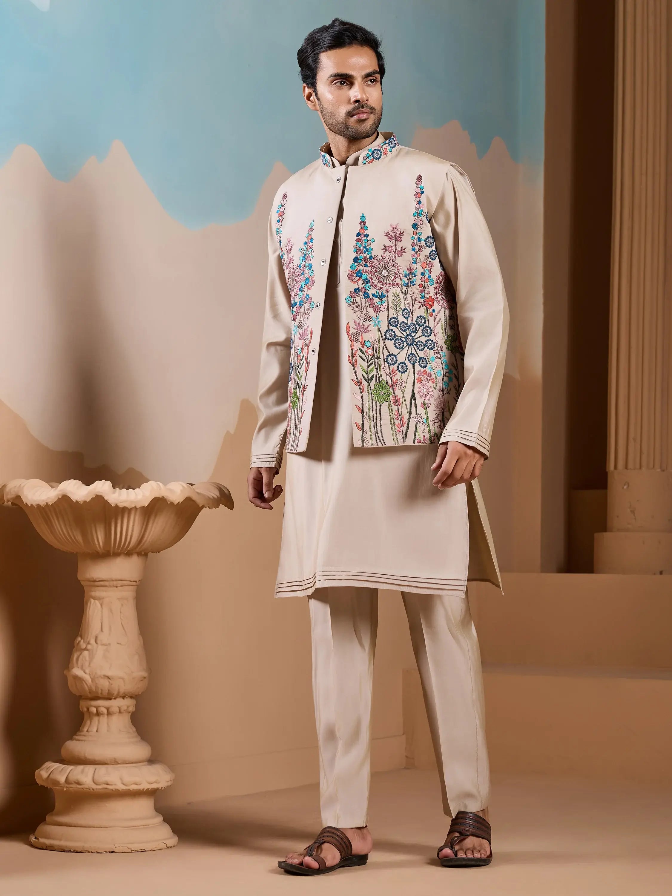 Amazing Beige Silk Men's Kurta And Pant With Thread Work Jacket