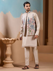 Amazing Beige Silk Men's Kurta And Pant With Thread Work Jacket