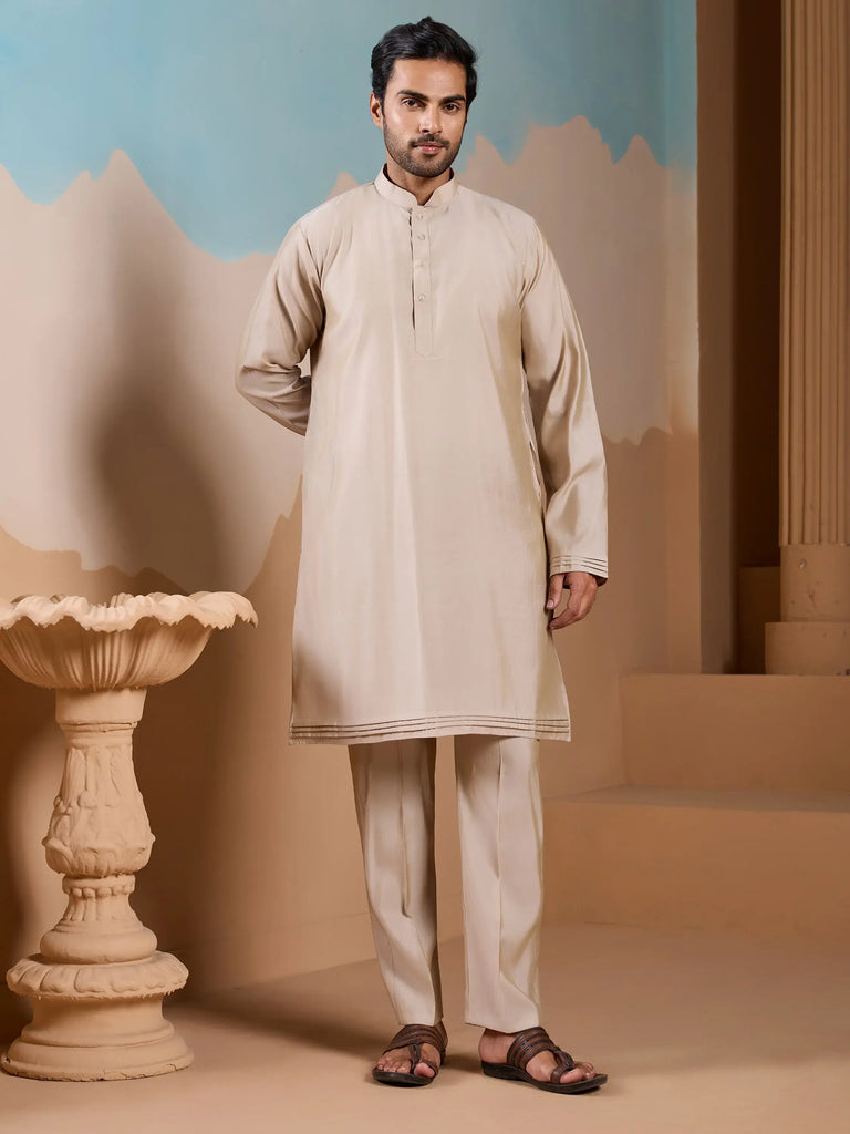 Amazing Beige Silk Men's Kurta And Pant With Thread Work Jacket
