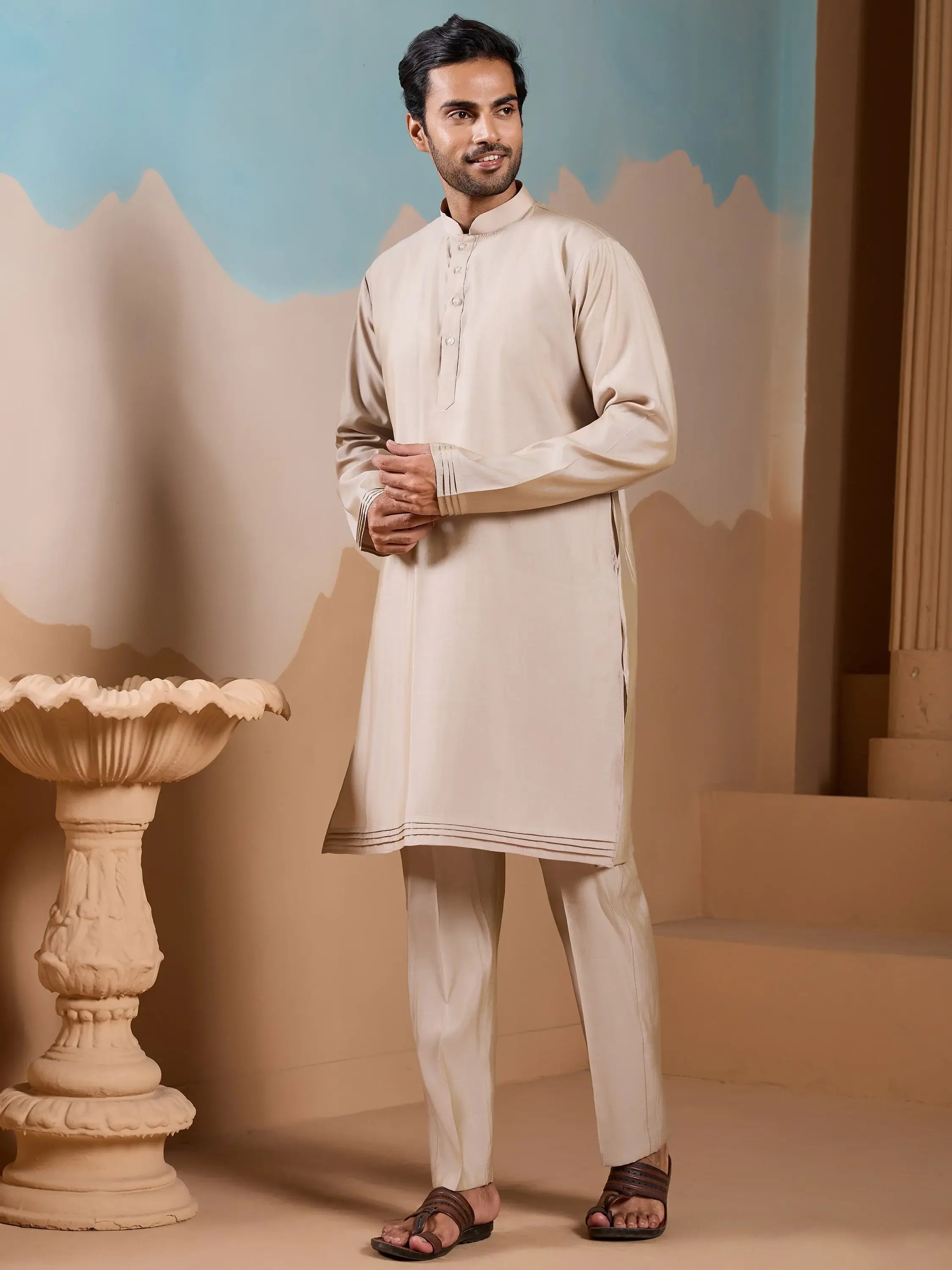 Amazing Beige Silk Men's Kurta And Pant With Thread Work Jacket