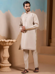 Amazing Beige Silk Men's Kurta And Pant With Thread Work Jacket