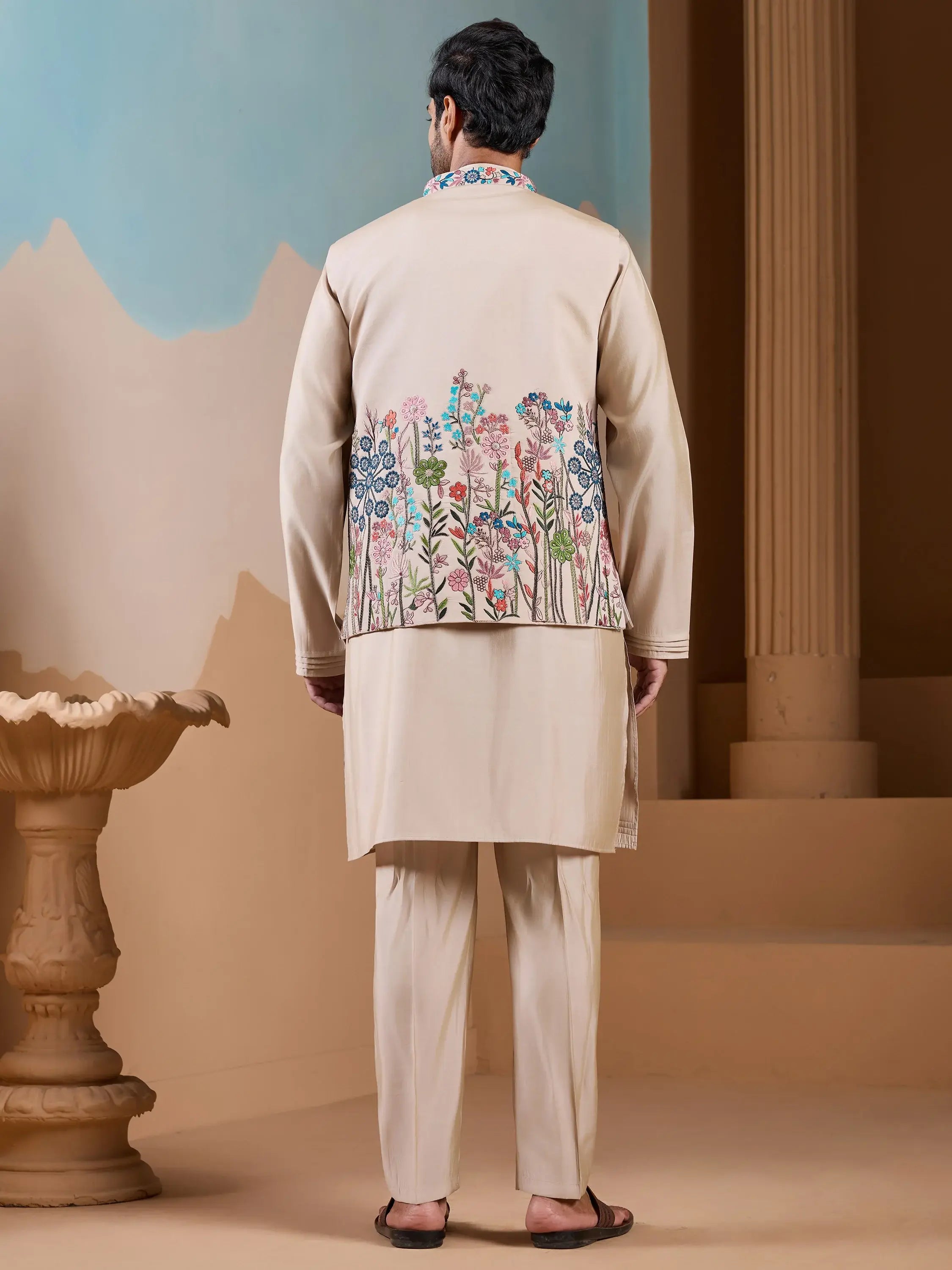 Amazing Beige Silk Men's Kurta And Pant With Thread Work Jacket