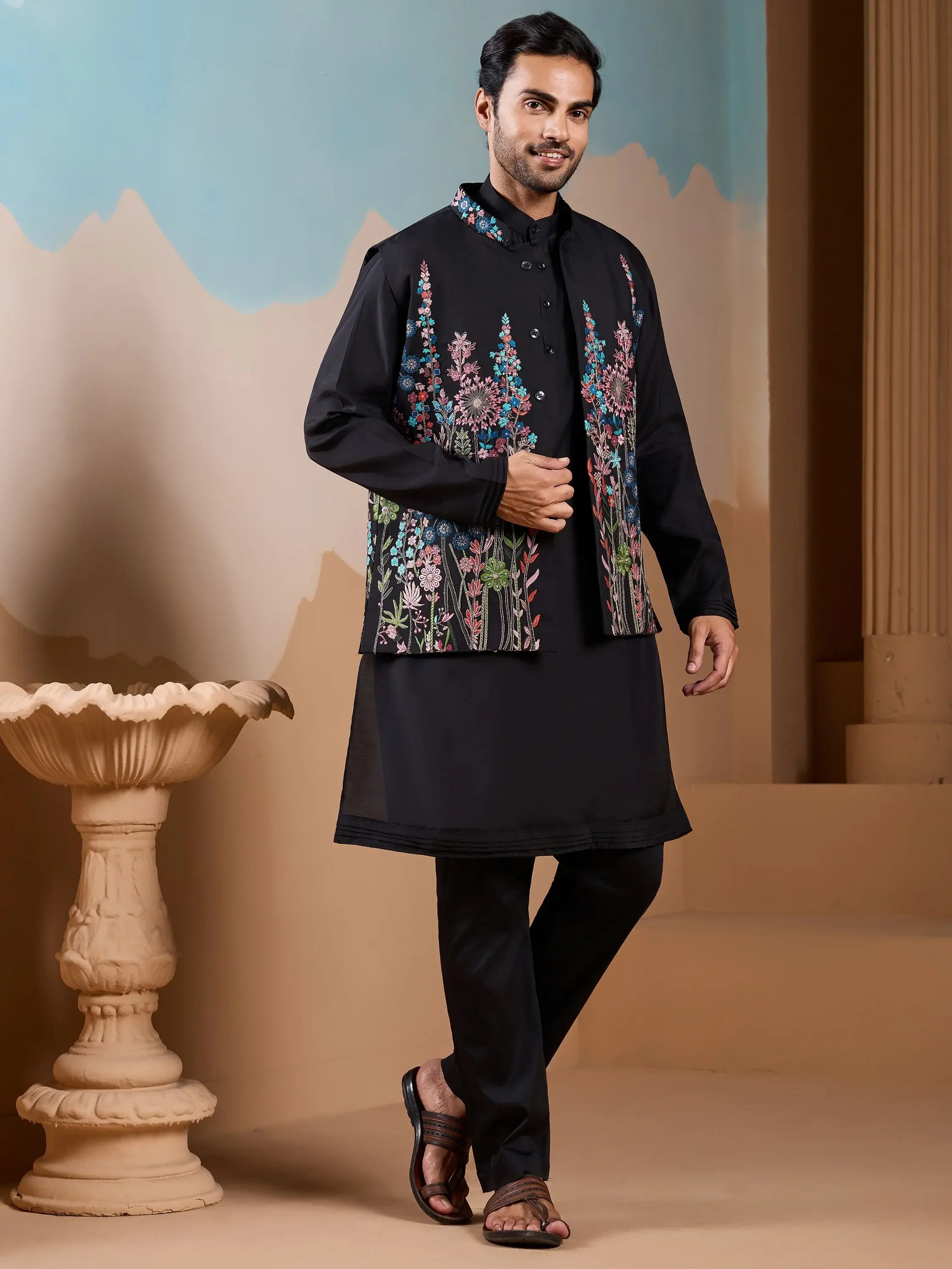 Dazzling Black Silk Men's Kurta And Pant With Thread Work Jacket