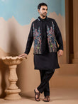 Dazzling Black Silk Men's Kurta And Pant With Thread Work Jacket