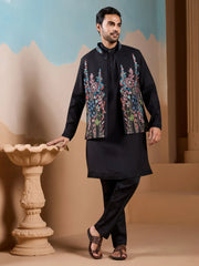 Dazzling Black Silk Men's Kurta And Pant With Thread Work Jacket