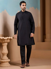 Dazzling Black Silk Men's Kurta And Pant With Thread Work Jacket