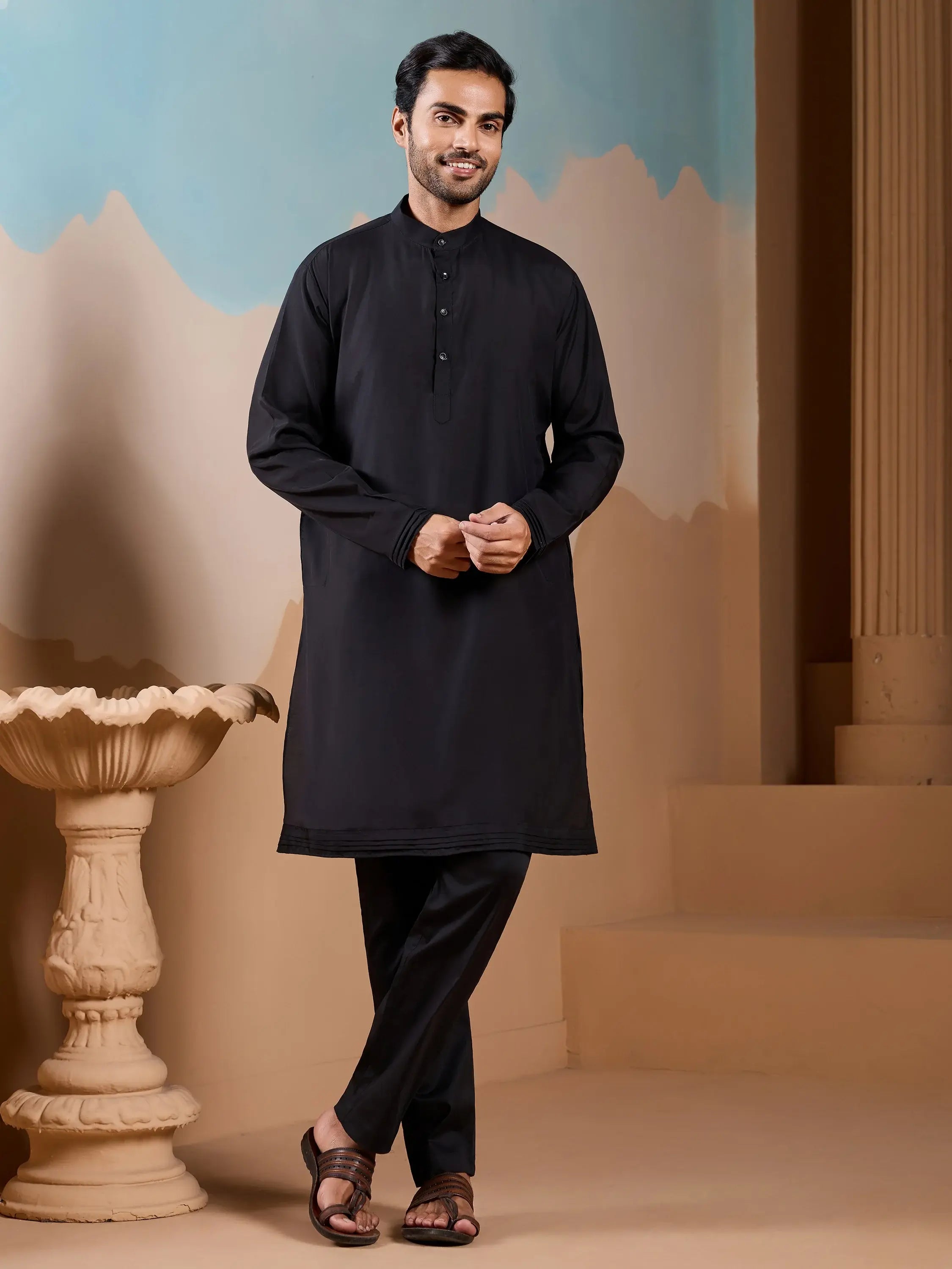 Dazzling Black Silk Men's Kurta And Pant With Thread Work Jacket