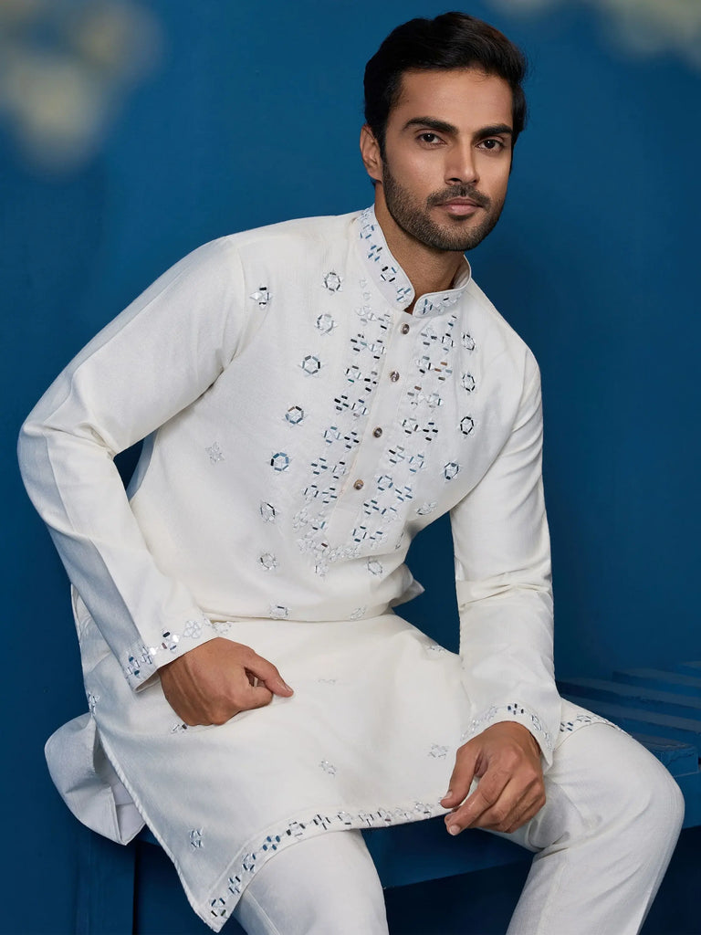 Gorgeous White Mirror Work Viscose Silk Traditional Men Kurta With Pant