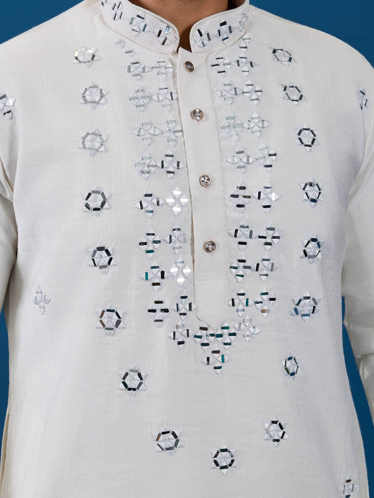 Gorgeous White Mirror Work Viscose Silk Traditional Men Kurta With Pant