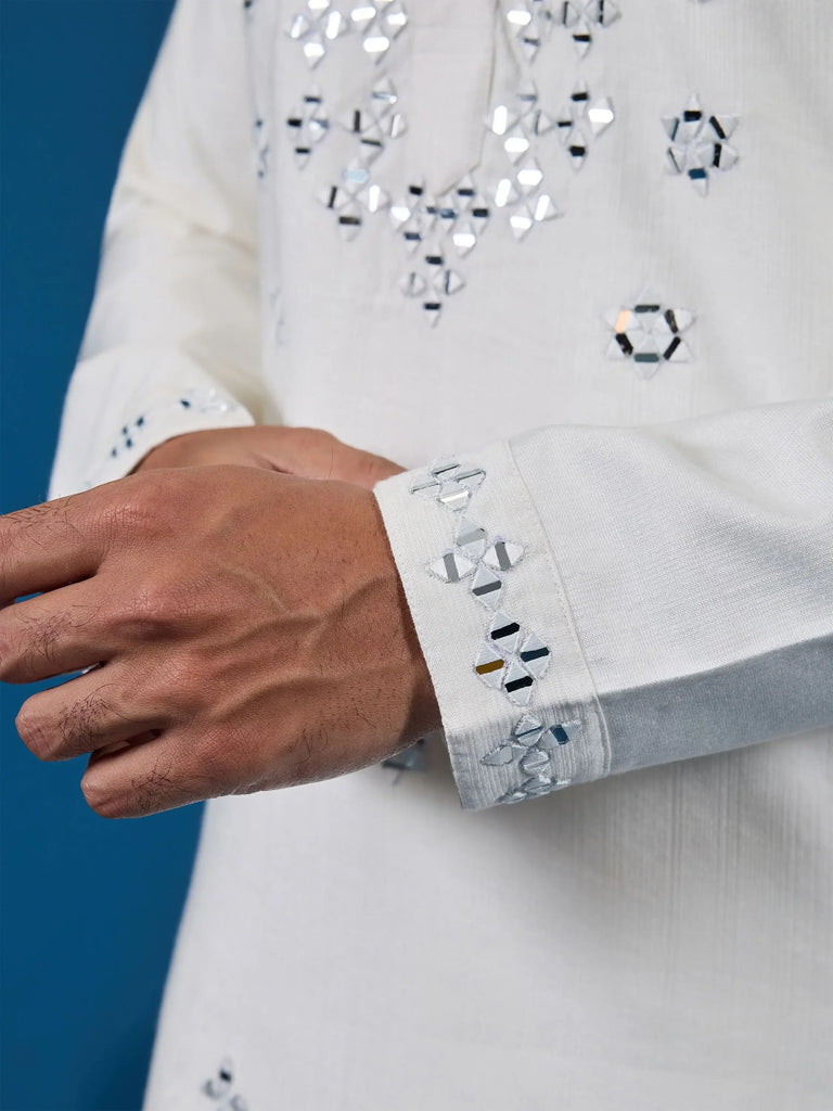 Gorgeous White Mirror Work Viscose Silk Traditional Men Kurta With Pant