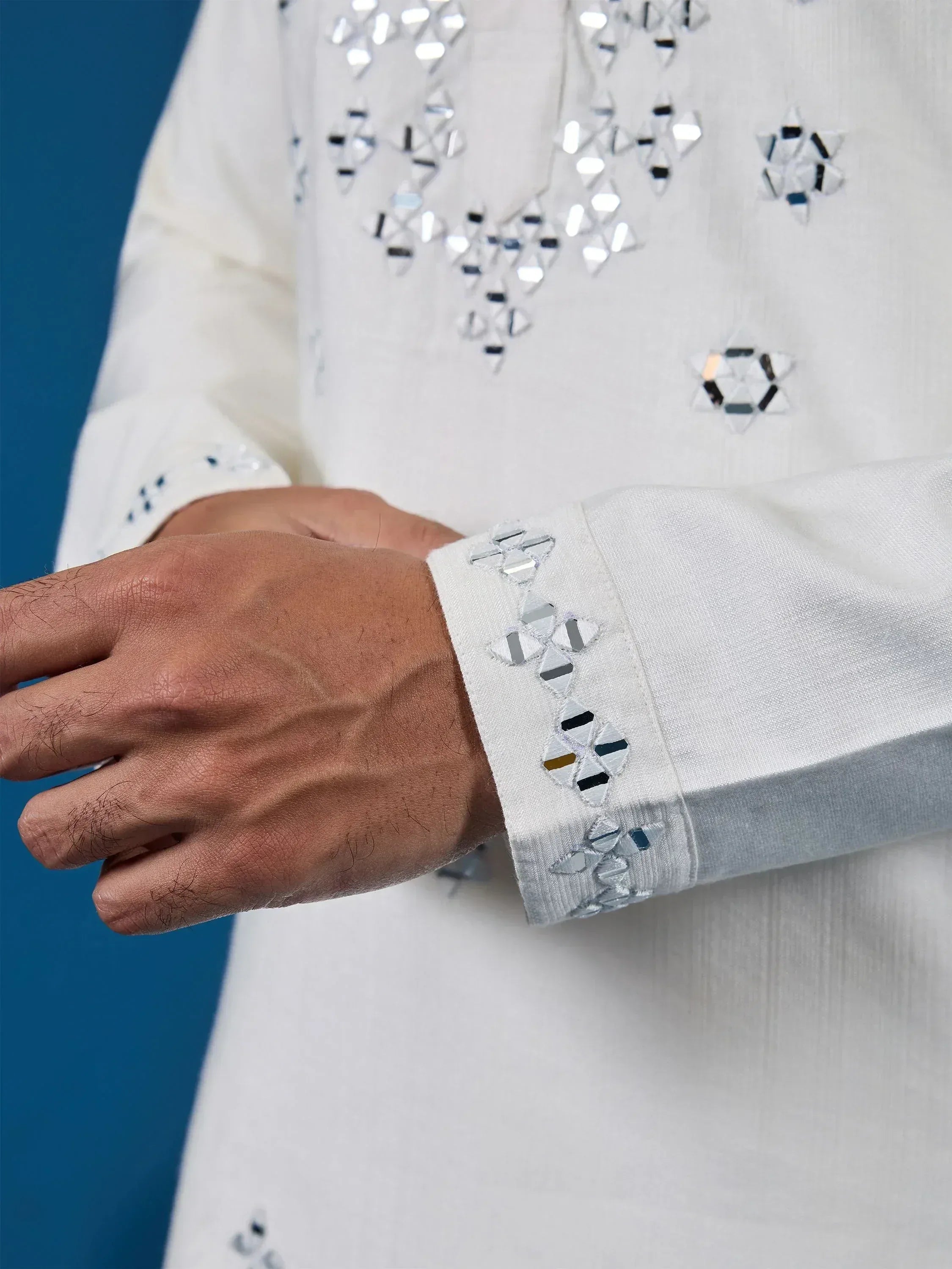 Gorgeous White Mirror Work Viscose Silk Traditional Men Kurta With Pant