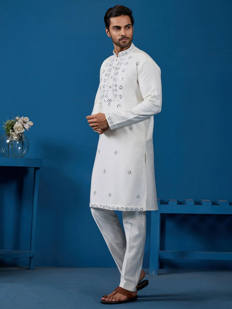 Gorgeous White Mirror Work Viscose Silk Traditional Men Kurta With Pant