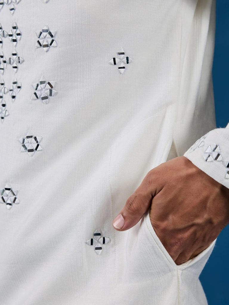Gorgeous White Mirror Work Viscose Silk Traditional Men Kurta With Pant