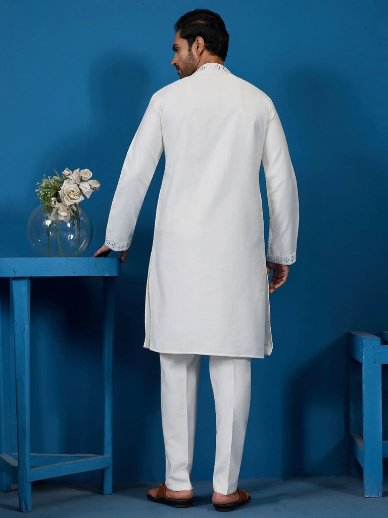 Gorgeous White Mirror Work Viscose Silk Traditional Men Kurta With Pant