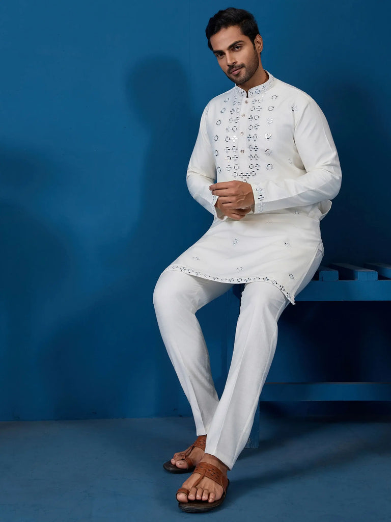 Gorgeous White Mirror Work Viscose Silk Traditional Men Kurta With Pant