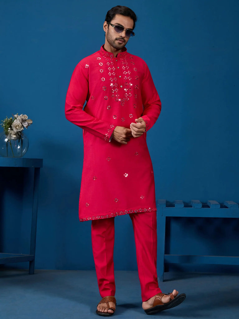 Awesome Rani Pink Thread Work Viscose Silk Festival Wear Men Kurta With Pant
