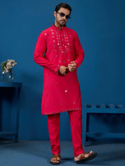 Awesome Rani Pink Thread Work Viscose Silk Festival Wear Men Kurta With Pant