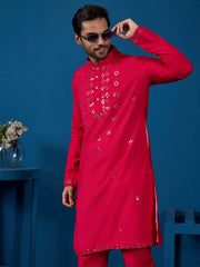 Awesome Rani Pink Thread Work Viscose Silk Festival Wear Men Kurta With Pant