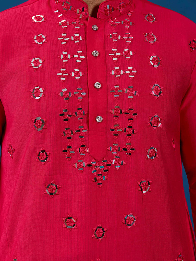 Awesome Rani Pink Thread Work Viscose Silk Festival Wear Men Kurta With Pant