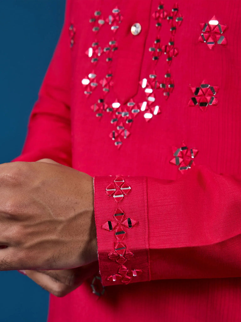 Awesome Rani Pink Thread Work Viscose Silk Festival Wear Men Kurta With Pant