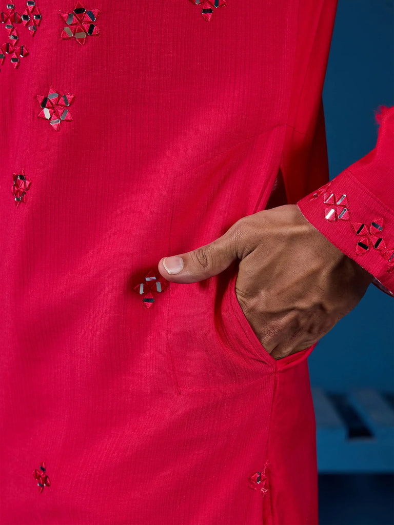 Awesome Rani Pink Thread Work Viscose Silk Festival Wear Men Kurta With Pant