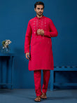 Awesome Rani Pink Thread Work Viscose Silk Festival Wear Men Kurta With Pant